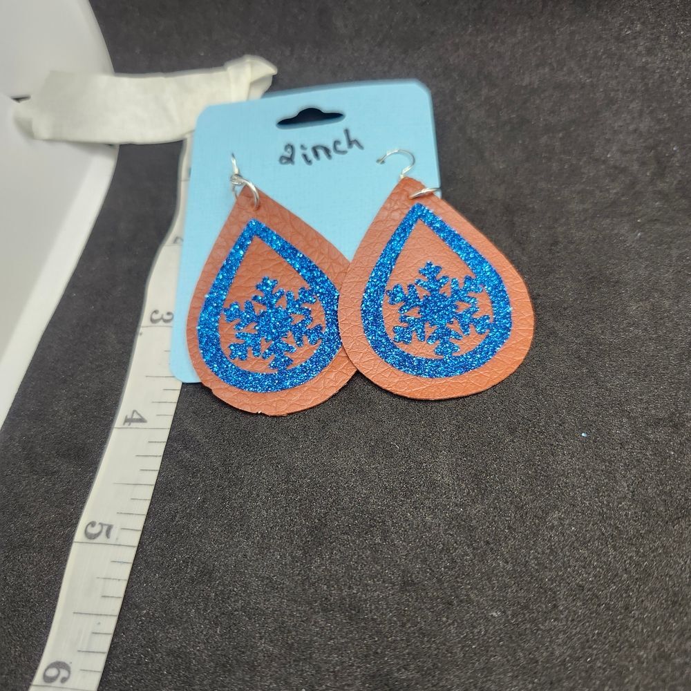 Hand Crafted Dangle Earring Faux Leather Snowflake Brown and Blue Teardrop